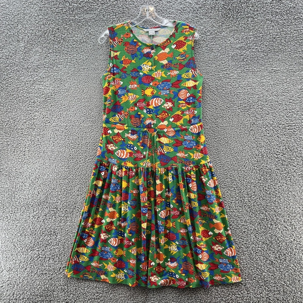 Dennis Goldsmith Dress Medium Green Colorful Fish Print Knit Tank Midi Tie Waist